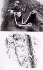 Fig. 3 Sepoltura femminile dal cimitero anglo-sassone dalla necropoli di Sewerby, East Yorkshire. La donna è bocconi nella fossa, con una pietra addosso. Forse una condannata a morte o una uccisione (da Murphy 2008, p. 18).